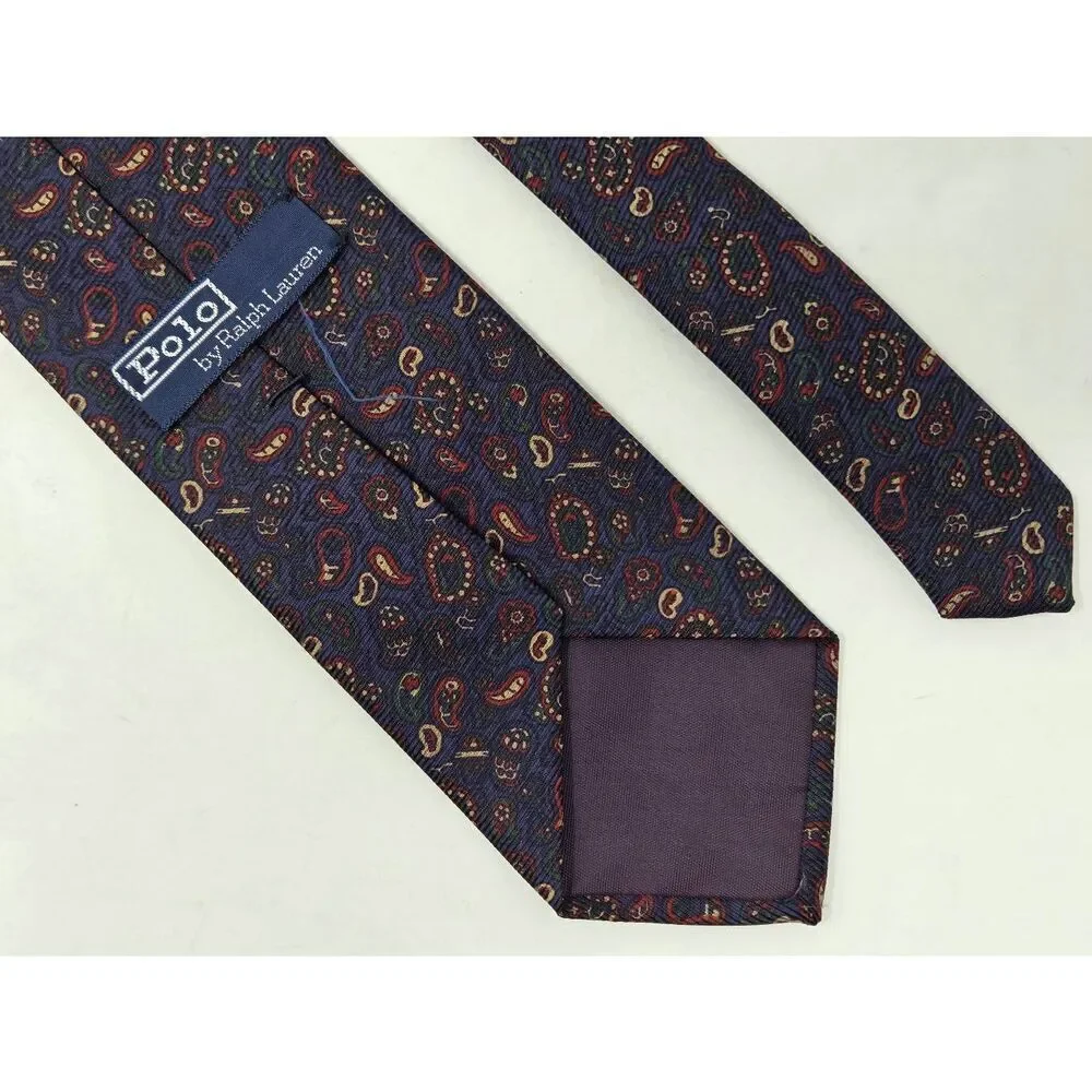 POLO RALPH LAUREN SILK TIE NAVY BLUE TAN RED PAISLEY TEXTURED 3.25